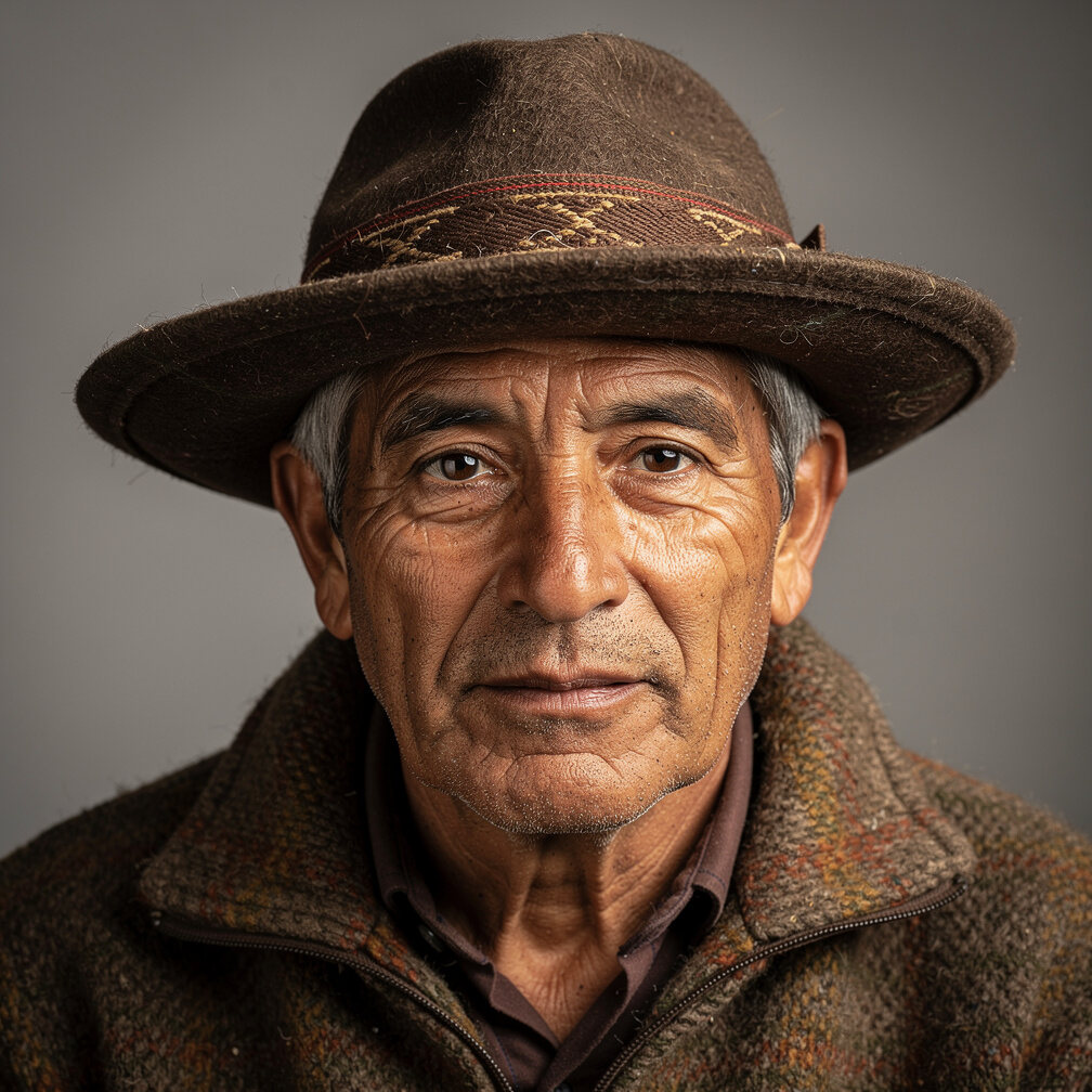 Portrait of an older Chilean man wearing a traditional hat